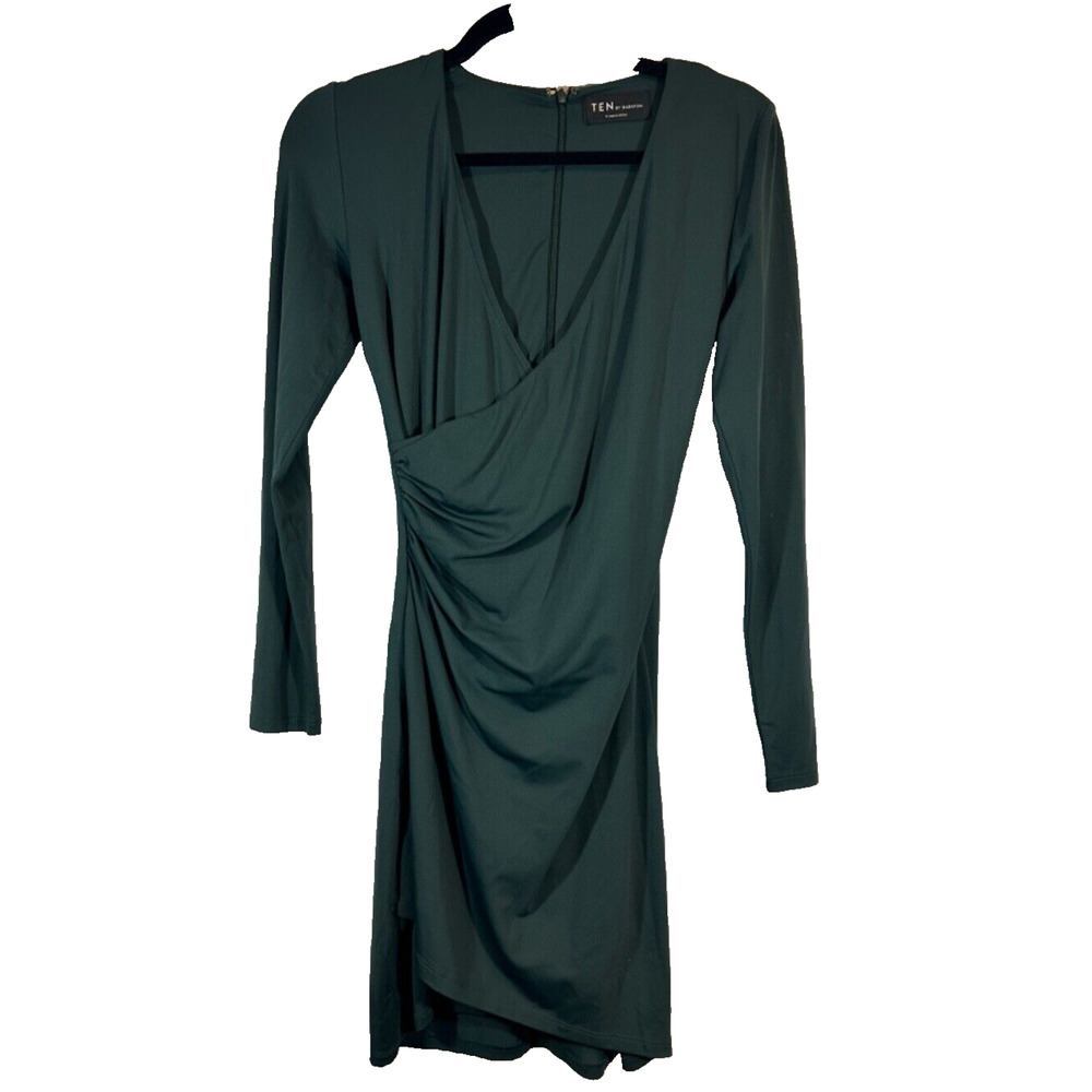 TEN BY BABATON Dark Green Stretch Nylon Wrap & Gathered Evening Dress Sz M C26